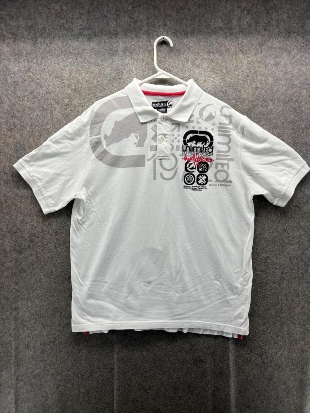 Y2K Ecko Unltd Polo Shirt Mens XL White Graphic Logo Cotton Casual Streetwear